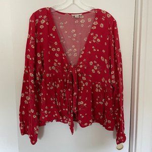American Eagle Red/Pink Daisy Boho Babydoll Tie Front Blouse XL